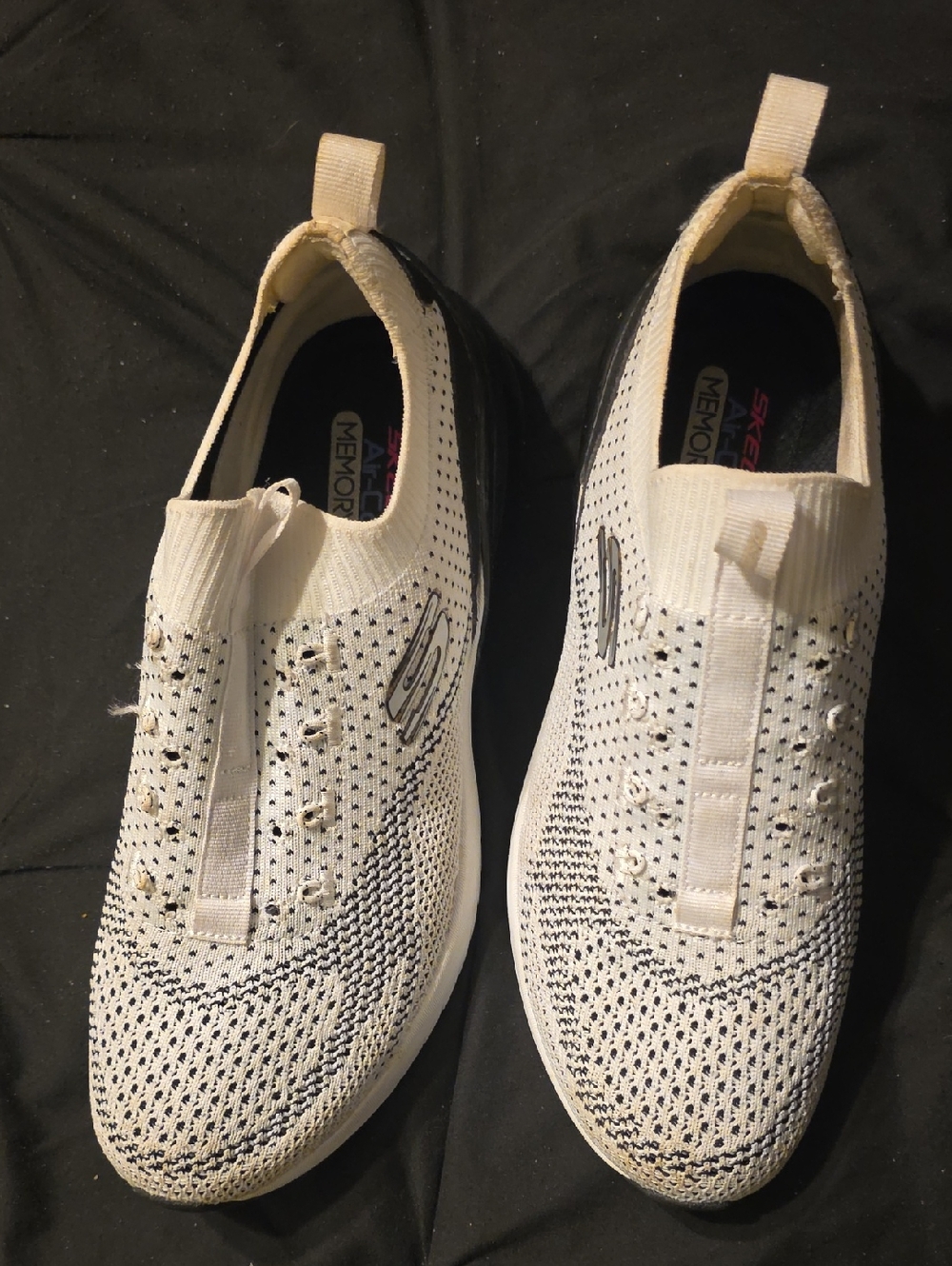 Skechers Men’s White Knit Slip-On Sneakers with Black Detailing